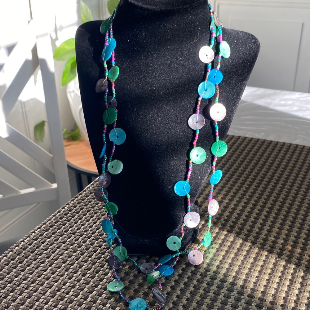 Handmade Blue & Green Shell Disc Long Necklace